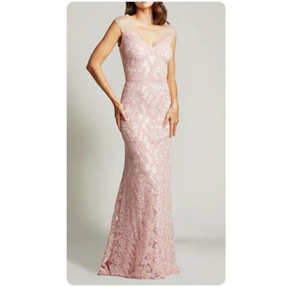 Tadashi Shoji Embroidered Lace Evening Gown (Petal/Gold)